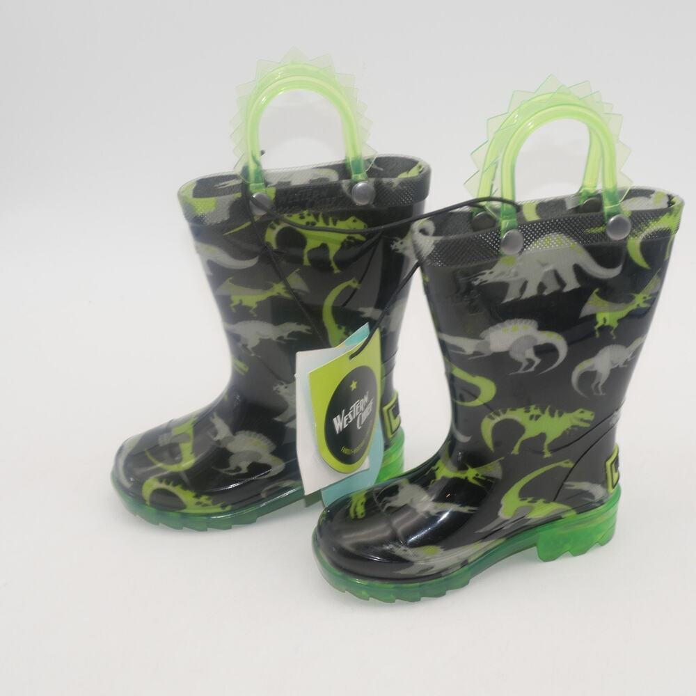 NEW Western Chief Dinosaur Light Up Rain Boots Green Pull Up Toddler Boys 5